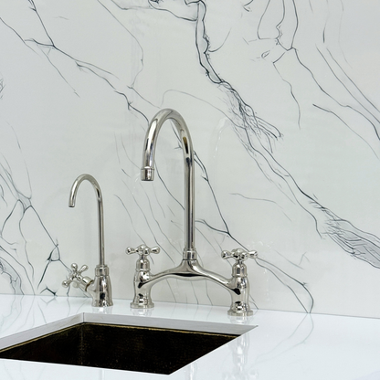 Polished Nickel Kitchen Bridge Faucet with Drinking Water Tap, Sprayer, and Cross Handles