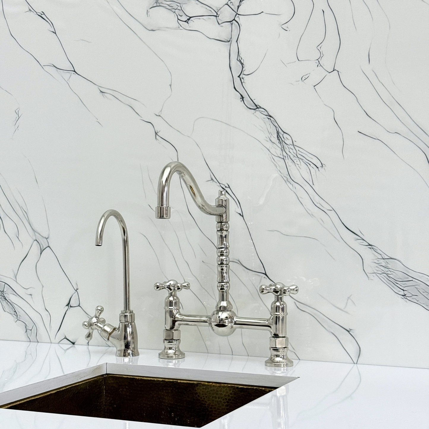 Polished Nickel Victorian Bridge Faucet with Ball Center, Sprayer, Cold Water Faucet, and Cross Handles