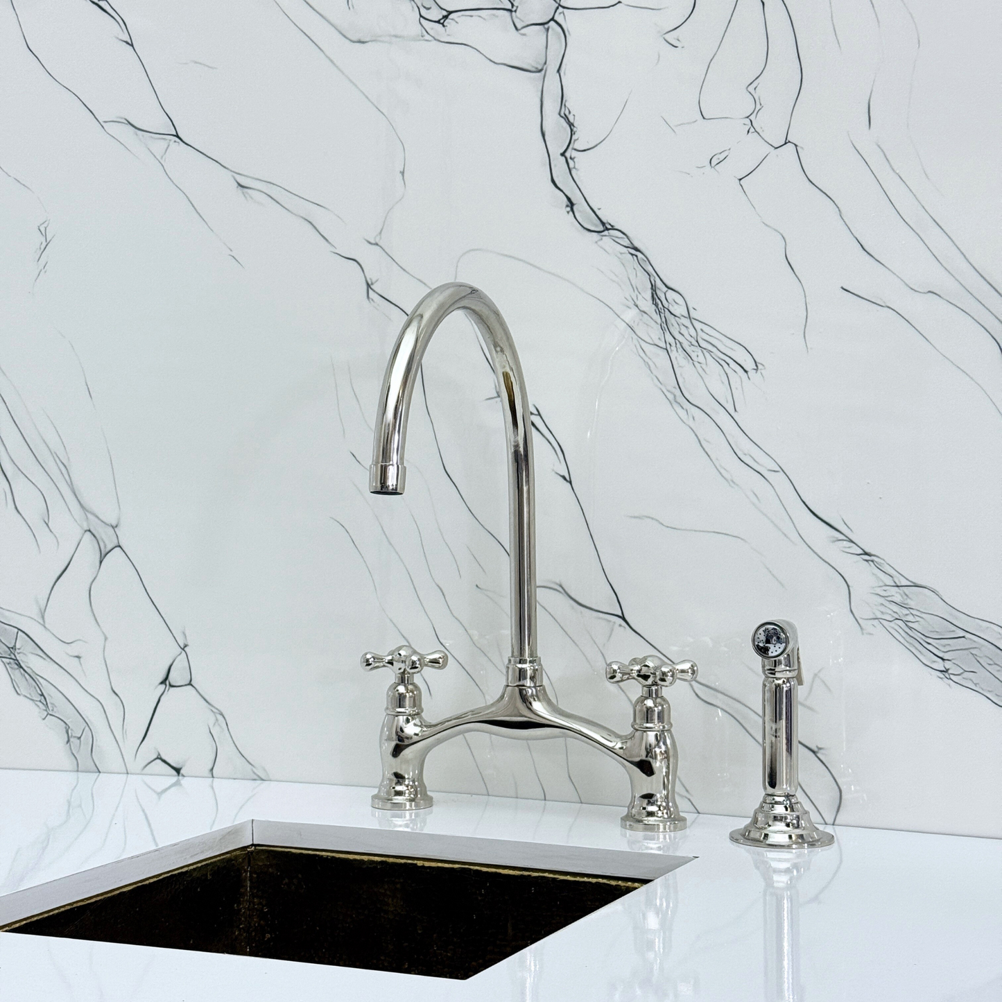 Polished Nickel Kitchen Bridge Faucet with Sprayer, Drinking Water Tap and Cross Handles