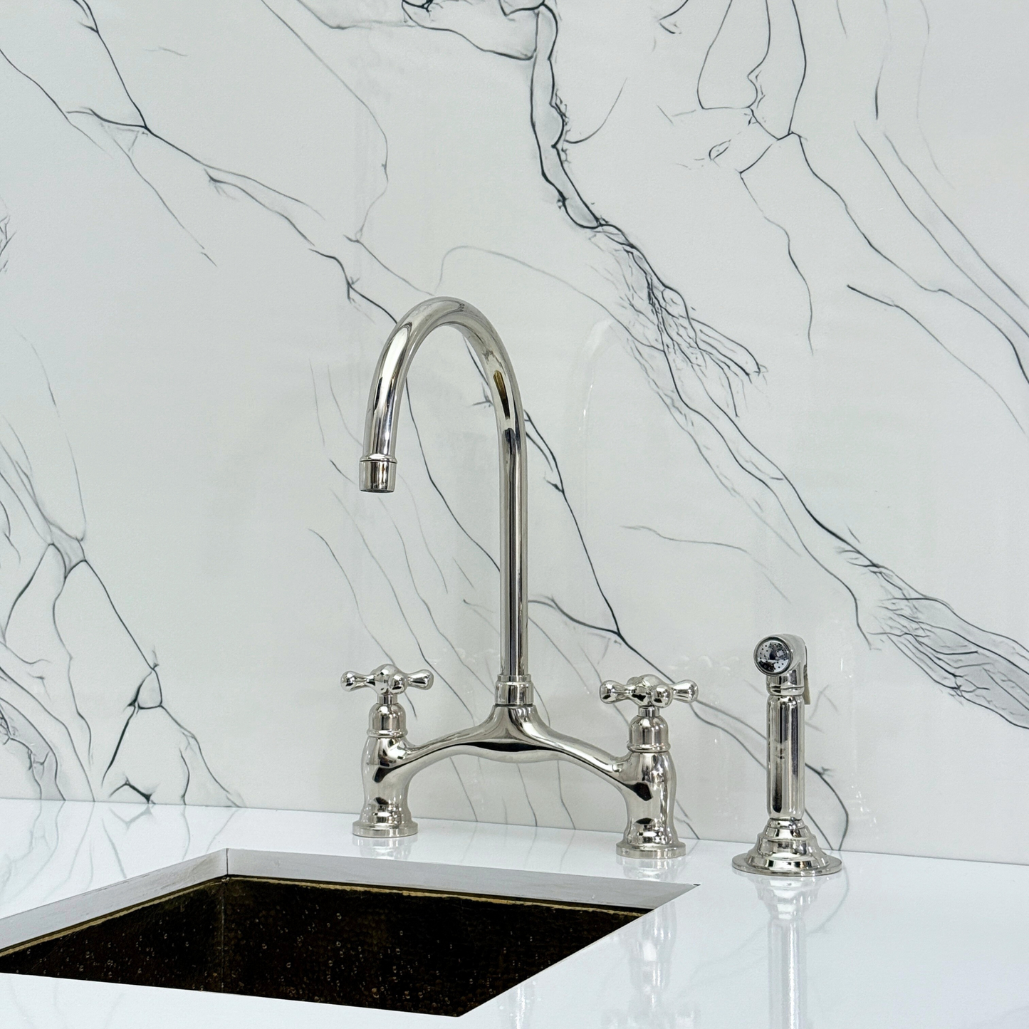 Polished Nickel Kitchen Bridge Faucet with Drinking Water Tap, Sprayer, and Cross Handles