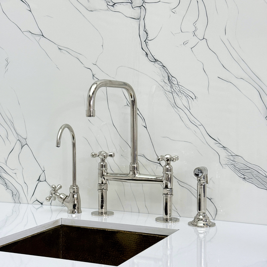 Polished Nickel Classic Bridge Faucet with Sprayer, Cold Water Faucet and Cross Handles