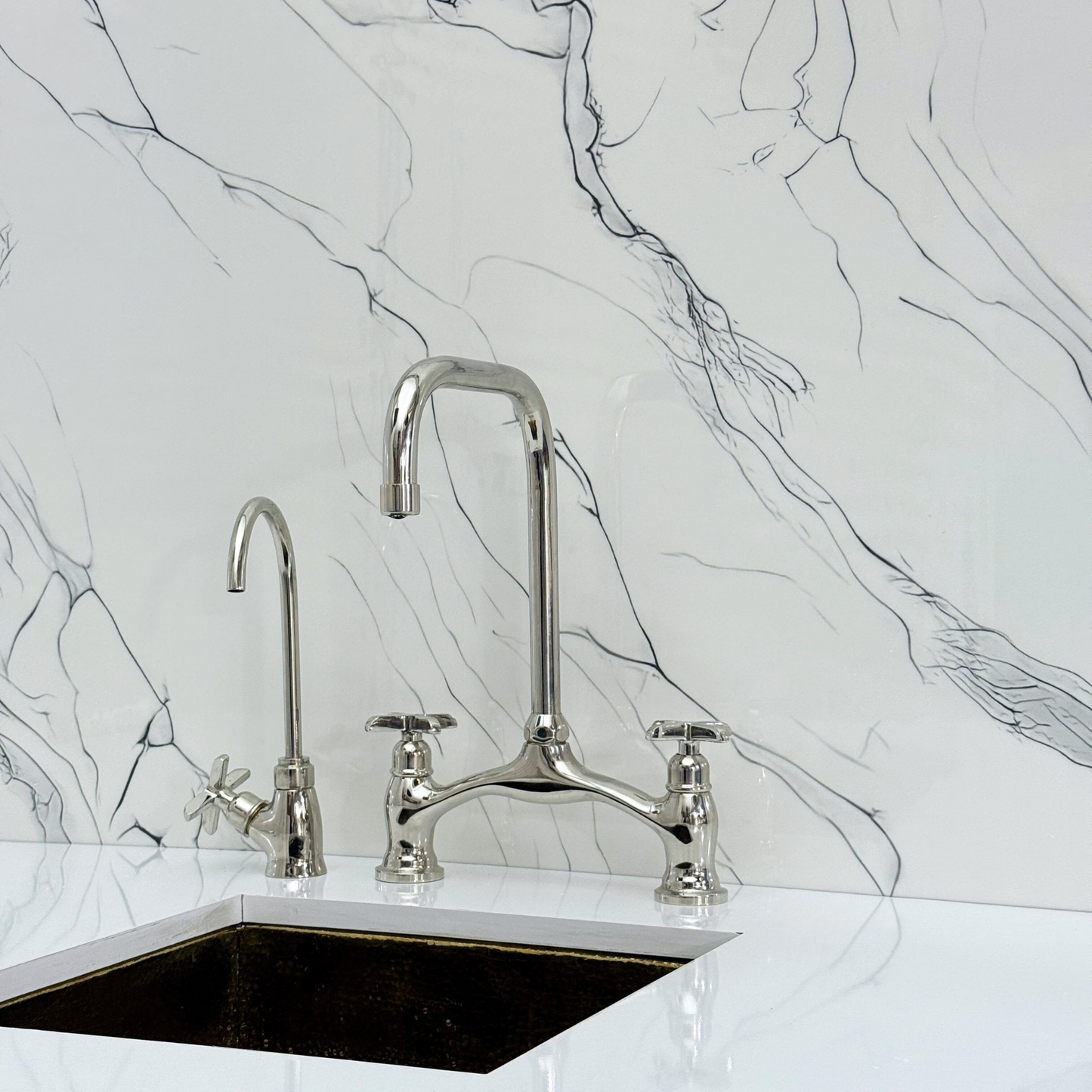 Polished Nickel Vintage Bridge Kitchen Faucet with Sprayer, Drinking Water Tap and Cross Handles