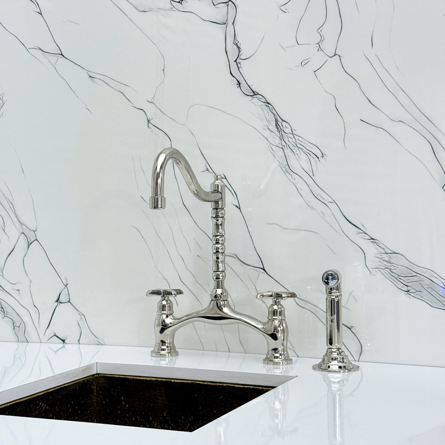 Polished Nickel Victorian Bridge Kitchen Faucet with Sprayer, Drinking Water Tap and Cross Handles