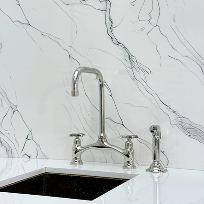Polished Nickel Vintage Bridge Kitchen Faucet with Sprayer, Drinking Water Tap and Cross Handles