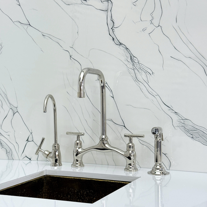 Polished Nickel Vintage Bridge Kitchen Faucet with Sprayer, Drinking Water Tap and Lever Handles
