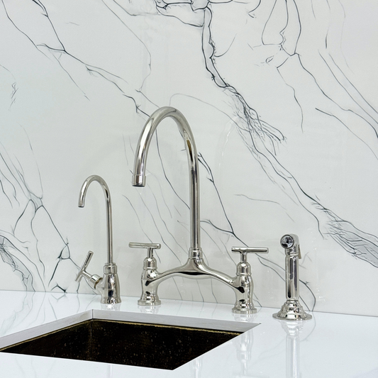 Polished Nickel Kitchen Bridge Faucet with Sprayer, Drinking Water Tap and Lever Handles
