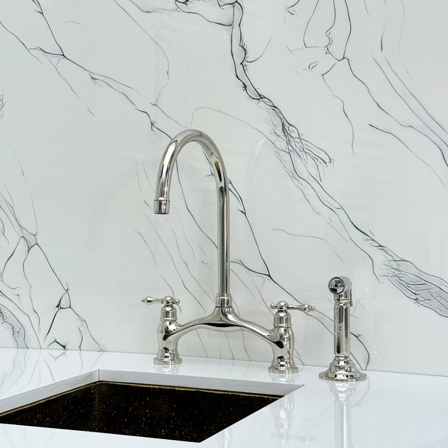 Polished Nickel Kitchen Bridge Faucet with Drinking Water Tap, Sprayer, and Lever Handles