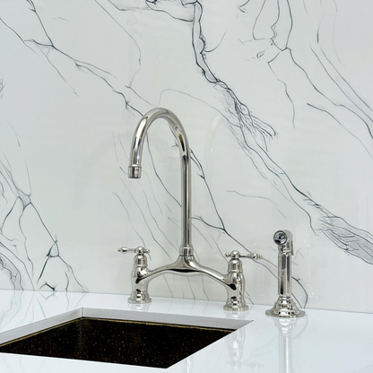 Polished Nickel Kitchen Bridge Faucet with Drinking Water Tap, Sprayer, and Lever Handles