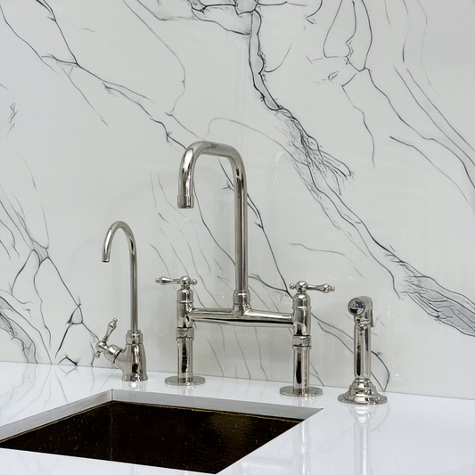 Polished Nickel Classic Bridge Faucet with Sprayer, Cold Water Faucet and Lever Handles