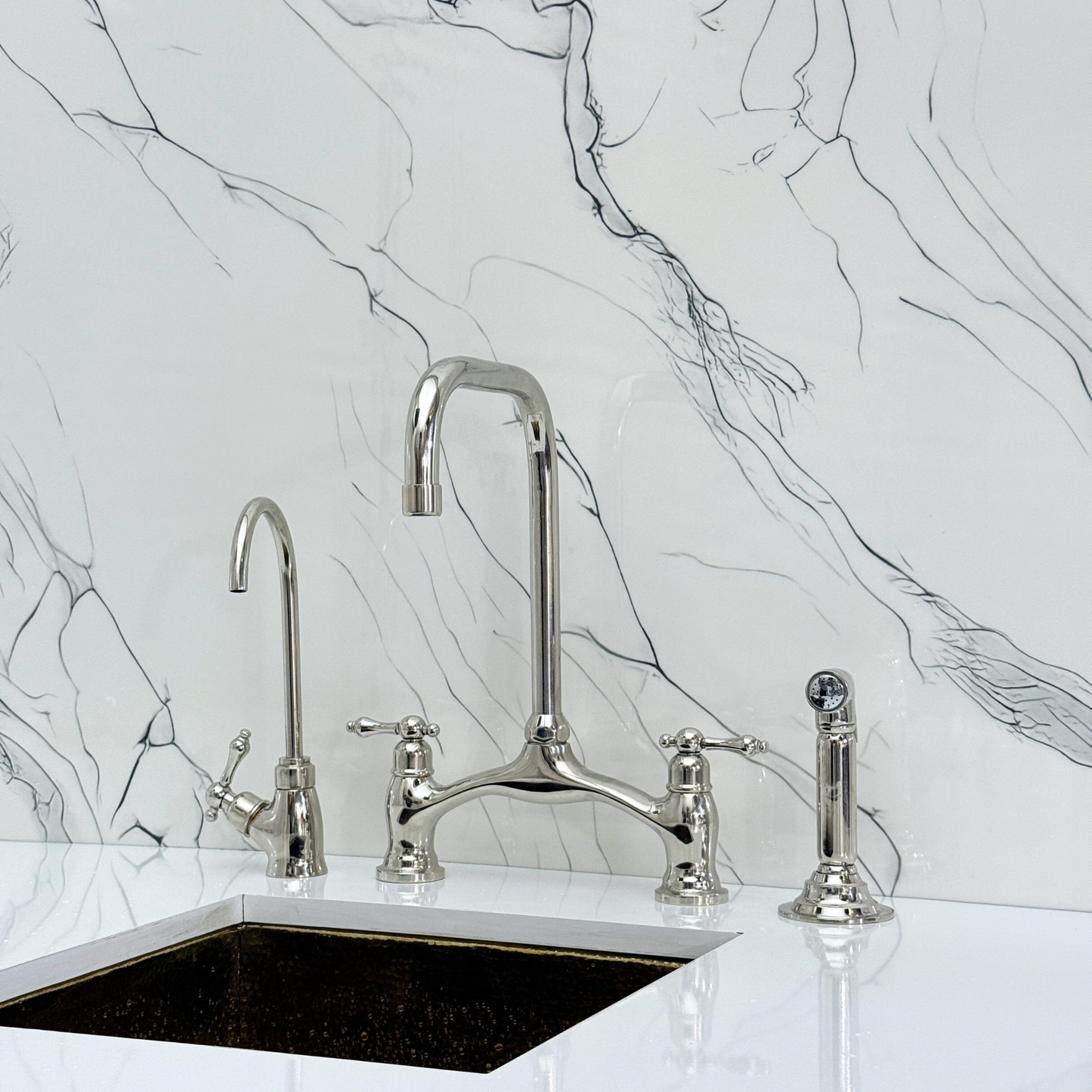 Polished Nickel Vintage Bridge Kitchen Faucet with Sprayer, Drinking Water Tap and Lever Handles