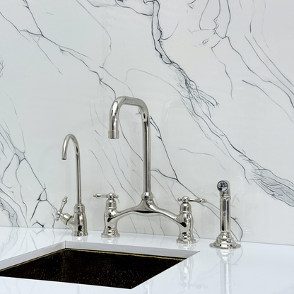 Polished Nickel Vintage Bridge Kitchen Faucet with Sprayer, Drinking Water Tap and Lever Handles