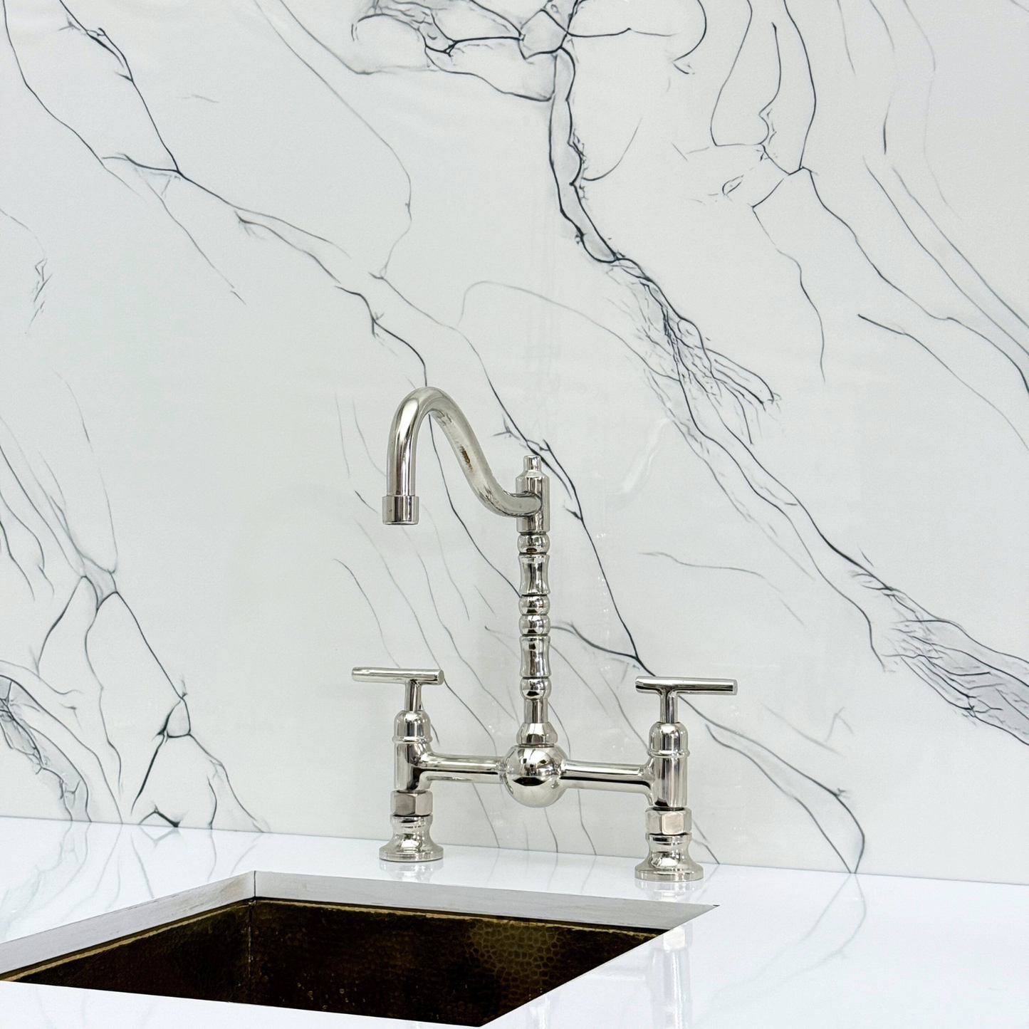 Polished Nickel Victorian Bridge Faucet with Ball Center, Sprayer, Cold Water Faucet, and Lever Handles