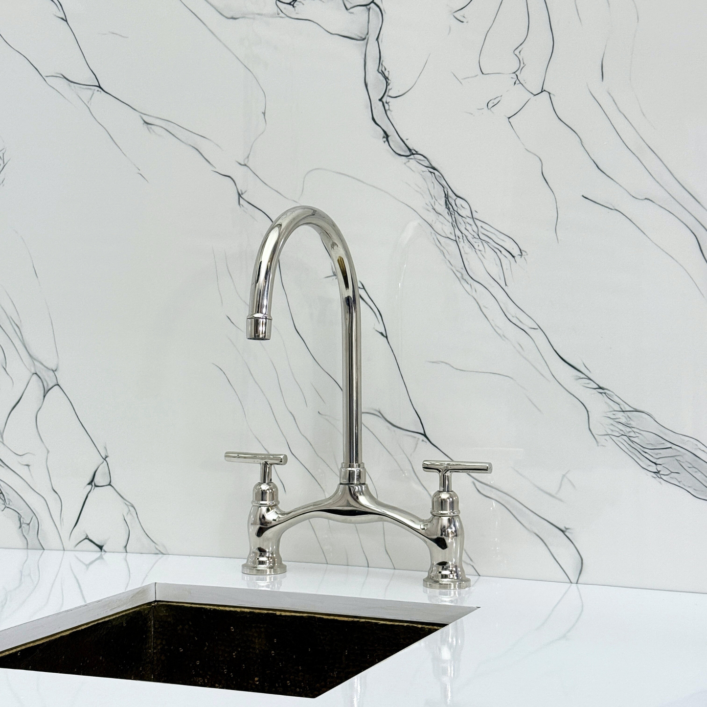 Polished Nickel Kitchen Bridge Faucet with Drinking Water Tap, Sprayer, and Lever Handles