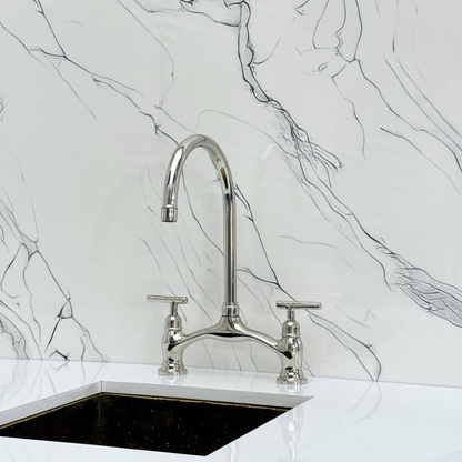 Polished Nickel Kitchen Bridge Faucet with Drinking Water Tap, Sprayer, and Lever Handles