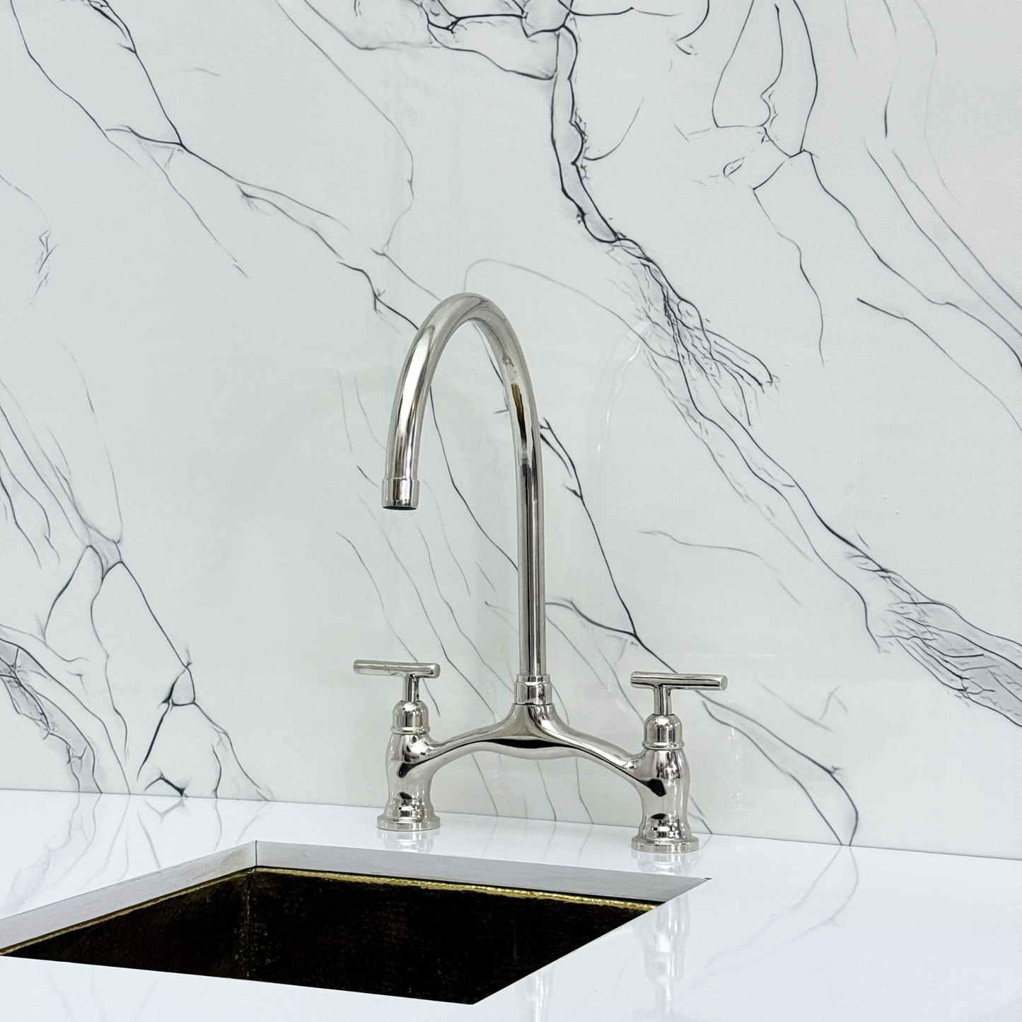 Polished Nickel Kitchen Bridge Faucet with Sprayer, Drinking Water Tap and Lever Handles