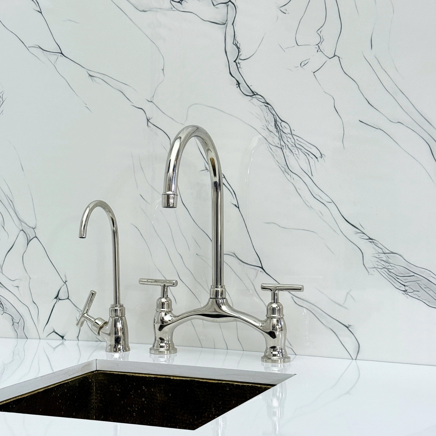 Polished Nickel Kitchen Bridge Faucet with Drinking Water Tap, Sprayer, and Lever Handles