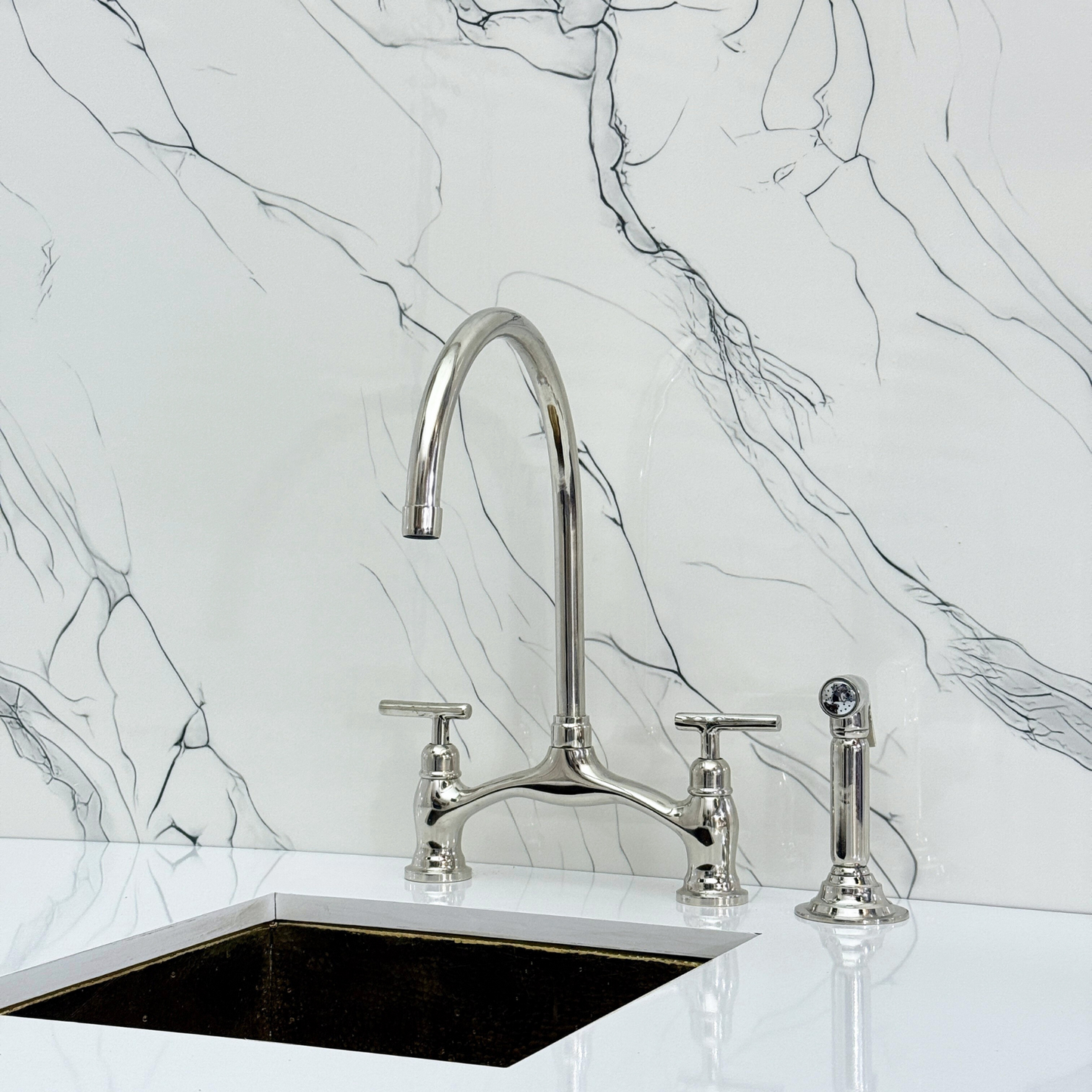 Polished Nickel Kitchen Bridge Faucet with Sprayer, Drinking Water Tap and Lever Handles