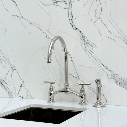 Polished Nickel Kitchen Bridge Faucet with Sprayer, Drinking Water Tap and Lever Handles
