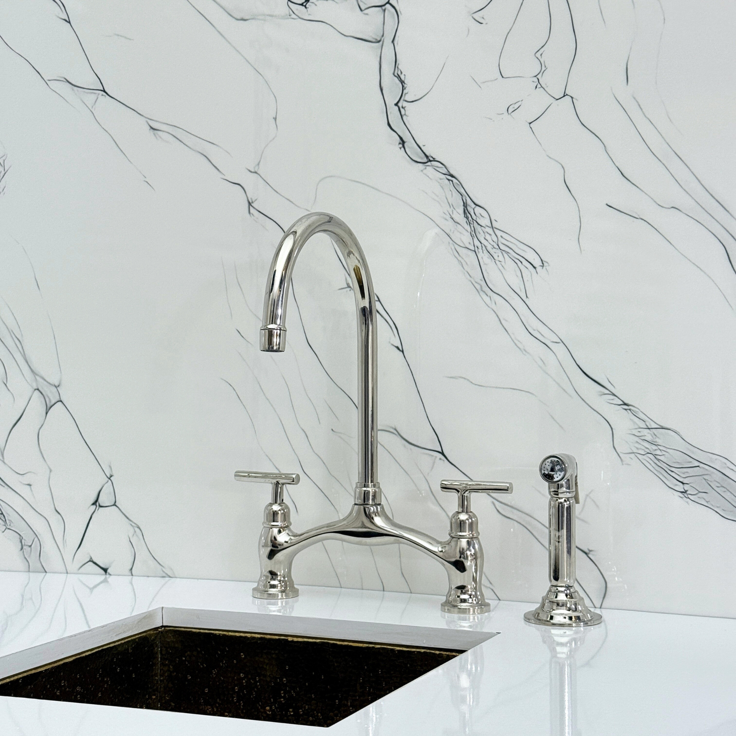 Polished Nickel Kitchen Bridge Faucet with Drinking Water Tap, Sprayer, and Lever Handles