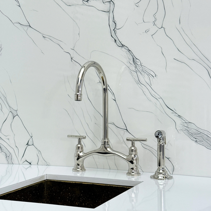 Polished Nickel Kitchen Bridge Faucet with Drinking Water Tap, Sprayer, and Lever Handles