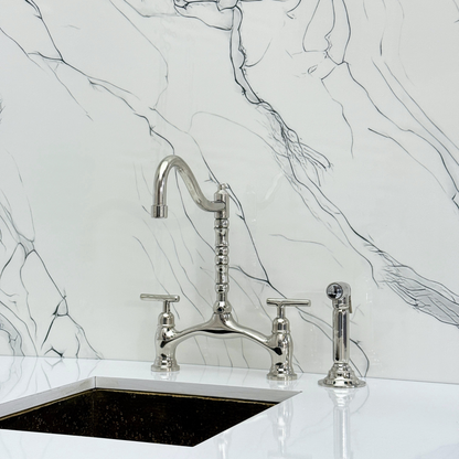 Polished Nickel Victorian Bridge Kitchen Faucet with Sprayer, Drinking Water Tap and Lever Handles
