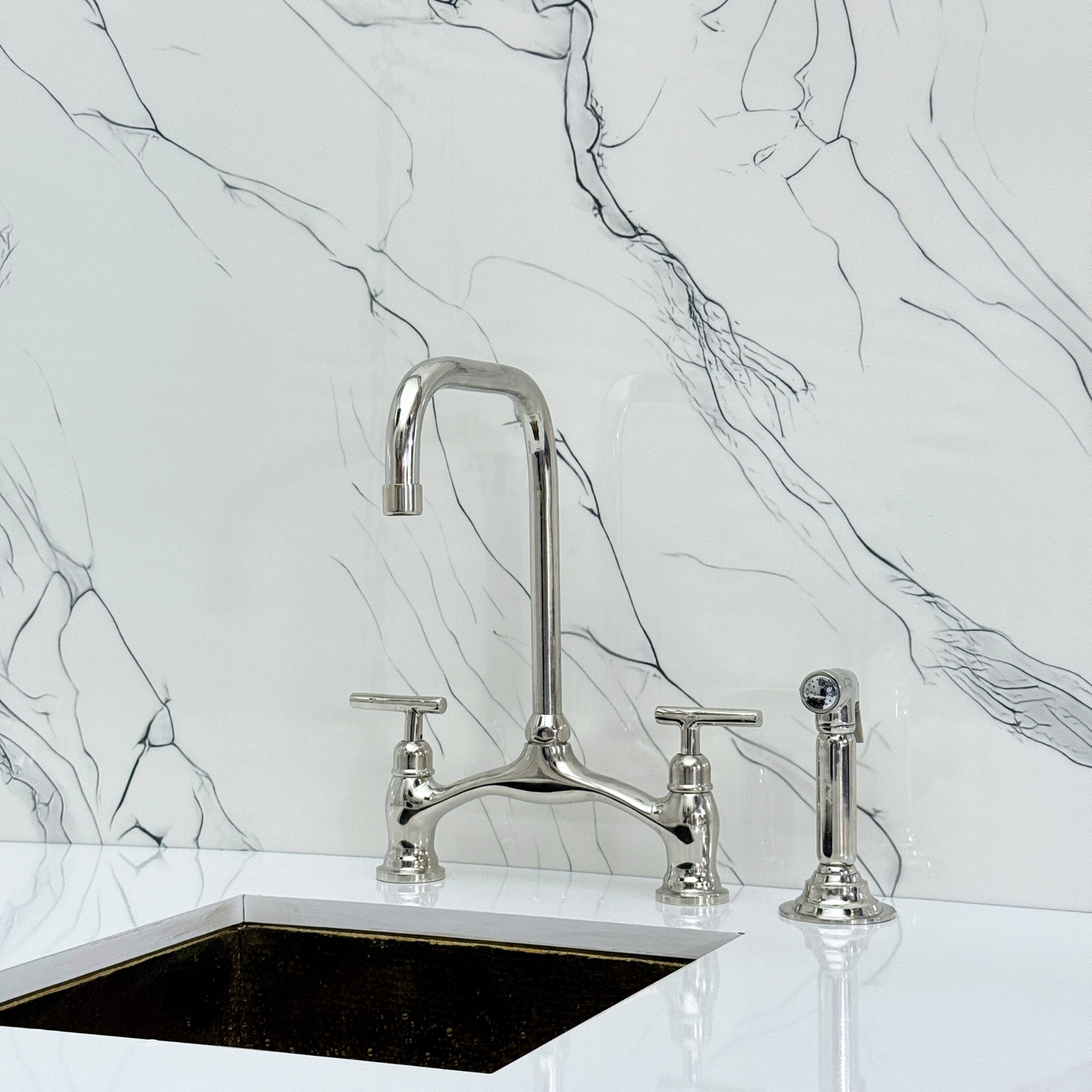 Polished Nickel Vintage Bridge Kitchen Faucet with Sprayer, Drinking Water Tap and Lever Handles