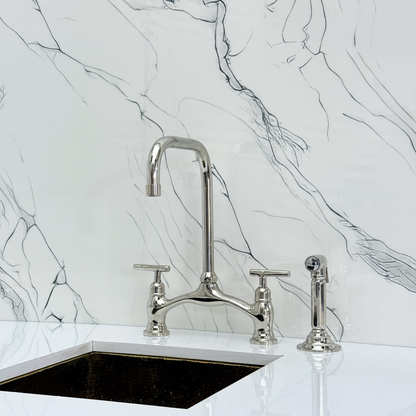 Polished Nickel Vintage Bridge Kitchen Faucet with Sprayer, Drinking Water Tap and Lever Handles