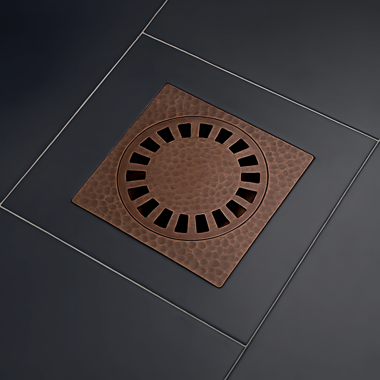 Solid Brass Hammered Square Shower Drain, Antique Copper Finish Bathroom Drain with Removable Cover