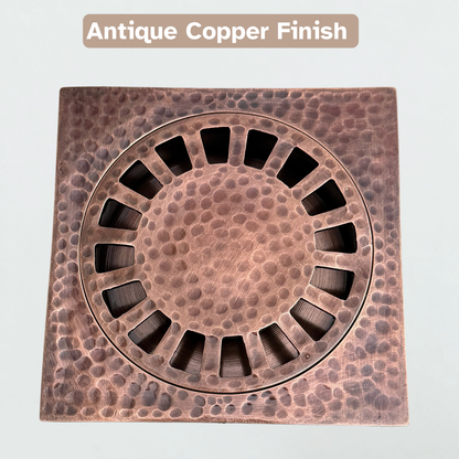 Solid Brass Hammered Square Shower Drain, Antique Copper Finish Bathroom Drain with Removable Cover
