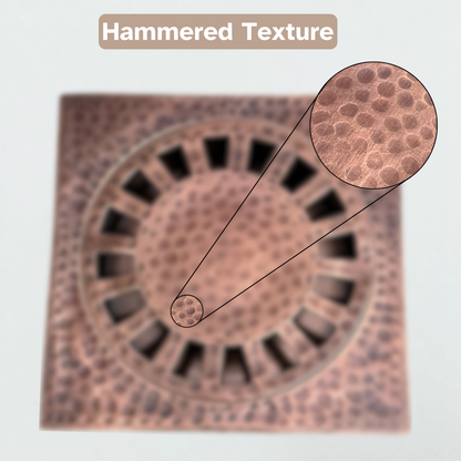 Solid Brass Hammered Square Shower Drain, Antique Copper Finish Bathroom Drain with Removable Cover