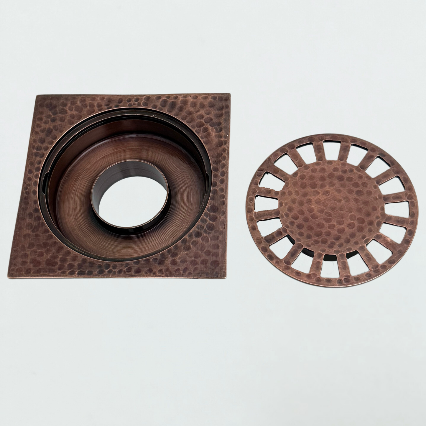 Solid Brass Hammered Square Shower Drain, Antique Copper Finish Bathroom Drain with Removable Cover