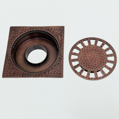 Solid Brass Hammered Square Shower Drain, Antique Copper Finish Bathroom Drain with Removable Cover