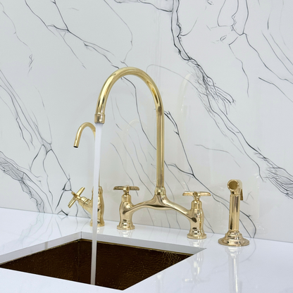 Unlacquered Brass Bridge Antique Faucet with Sprayer, Drinking Water Tap and Cross Handles