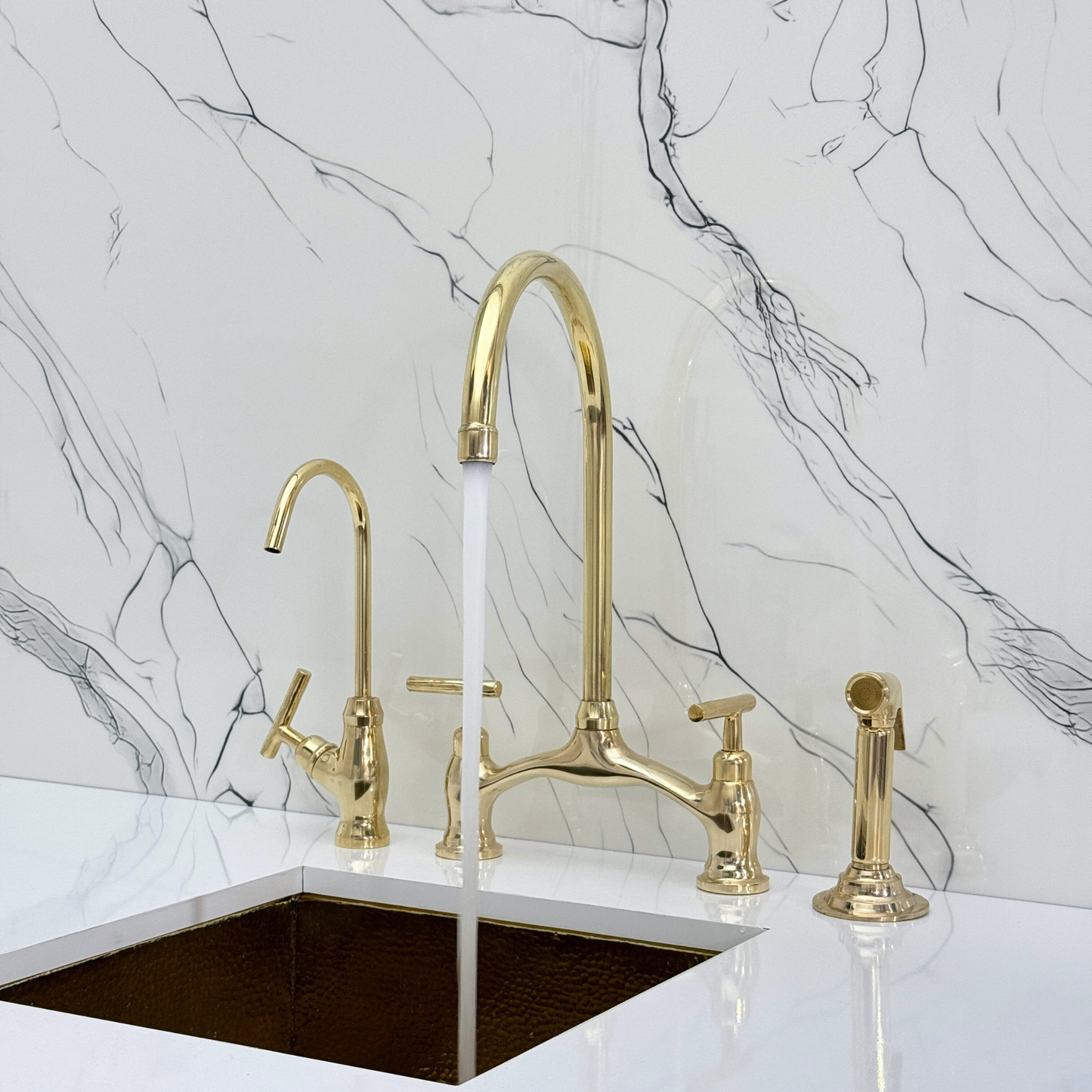 Unlacquered Brass Bridge Antique Faucet with Sprayer, Drinking Water Tap and Lever Handles