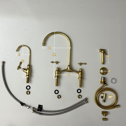 Unlacquered Brass Bridge Antique Faucet with Sprayer, Drinking Water Tap and Lever Handles