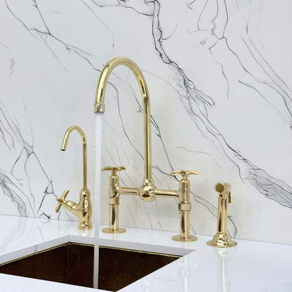 Unlacquered Brass Bridge Faucet with Sprayer, Cold Water Faucet, Straight Legs and Cross Handles