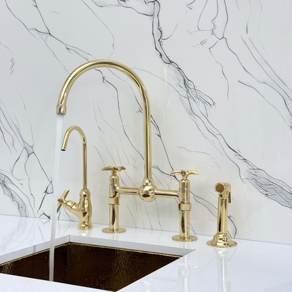 Unlacquered Brass Bridge Faucet with Sprayer, Cold Water Faucet, Straight Legs and Cross Handles