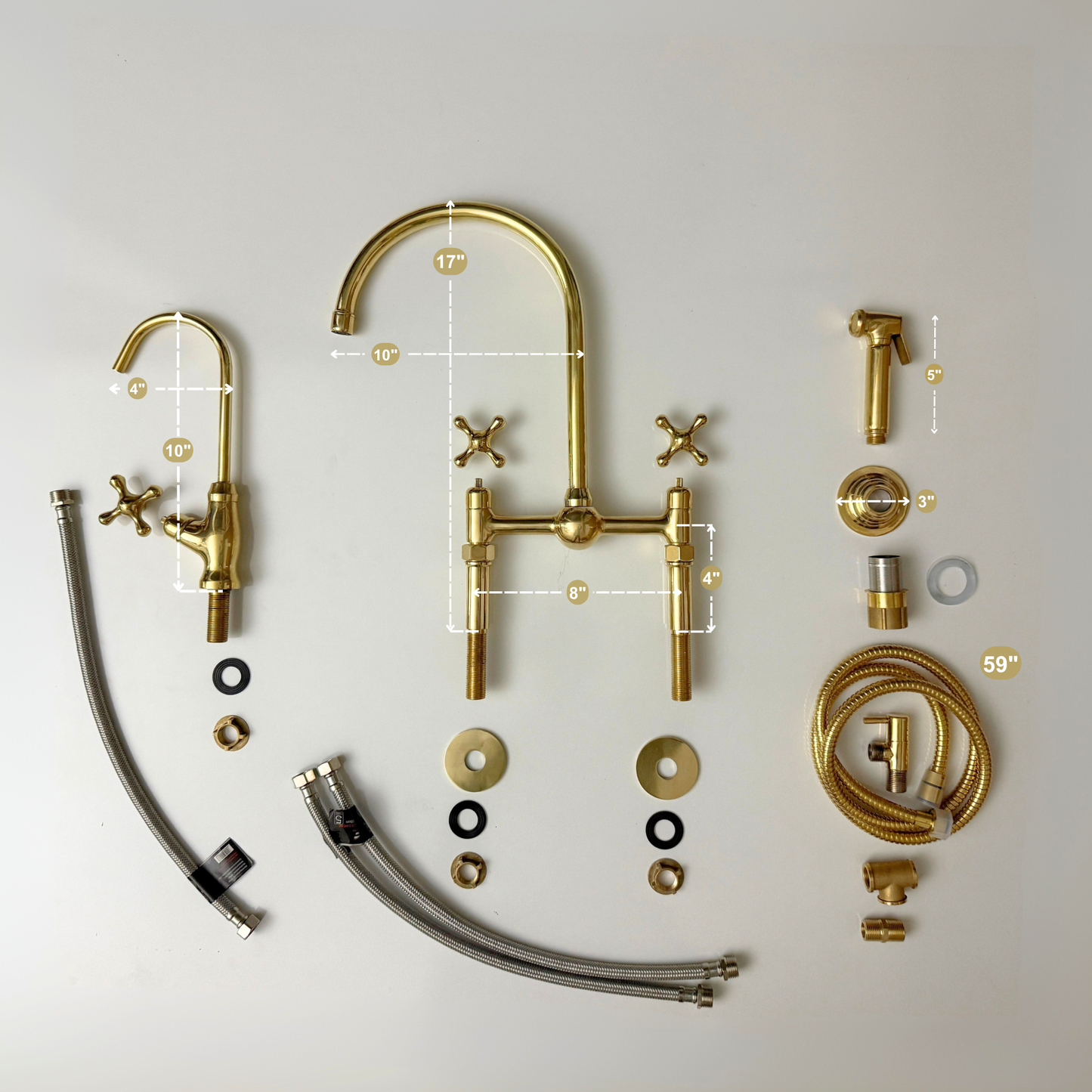 Unlacquered Brass Bridge Faucet with Sprayer, Cold Water Faucet, Straight Legs and Cross Handles