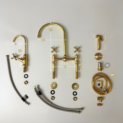 Unlacquered Brass Bridge Faucet with Sprayer, Cold Water Faucet, Straight Legs and Cross Handles