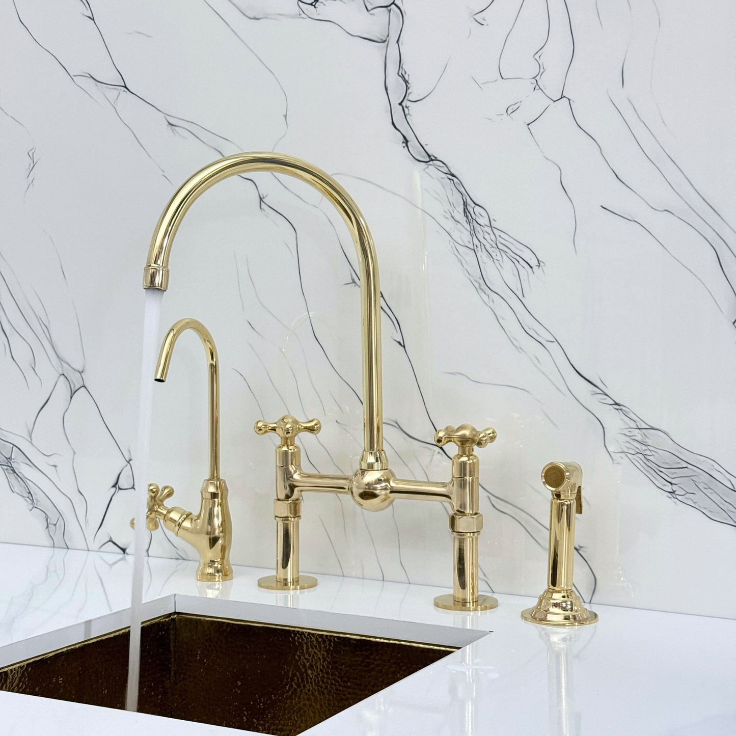 Unlacquered Brass Bridge Faucet with Sprayer, Cold Water Faucet, Straight Legs and Cross Handles