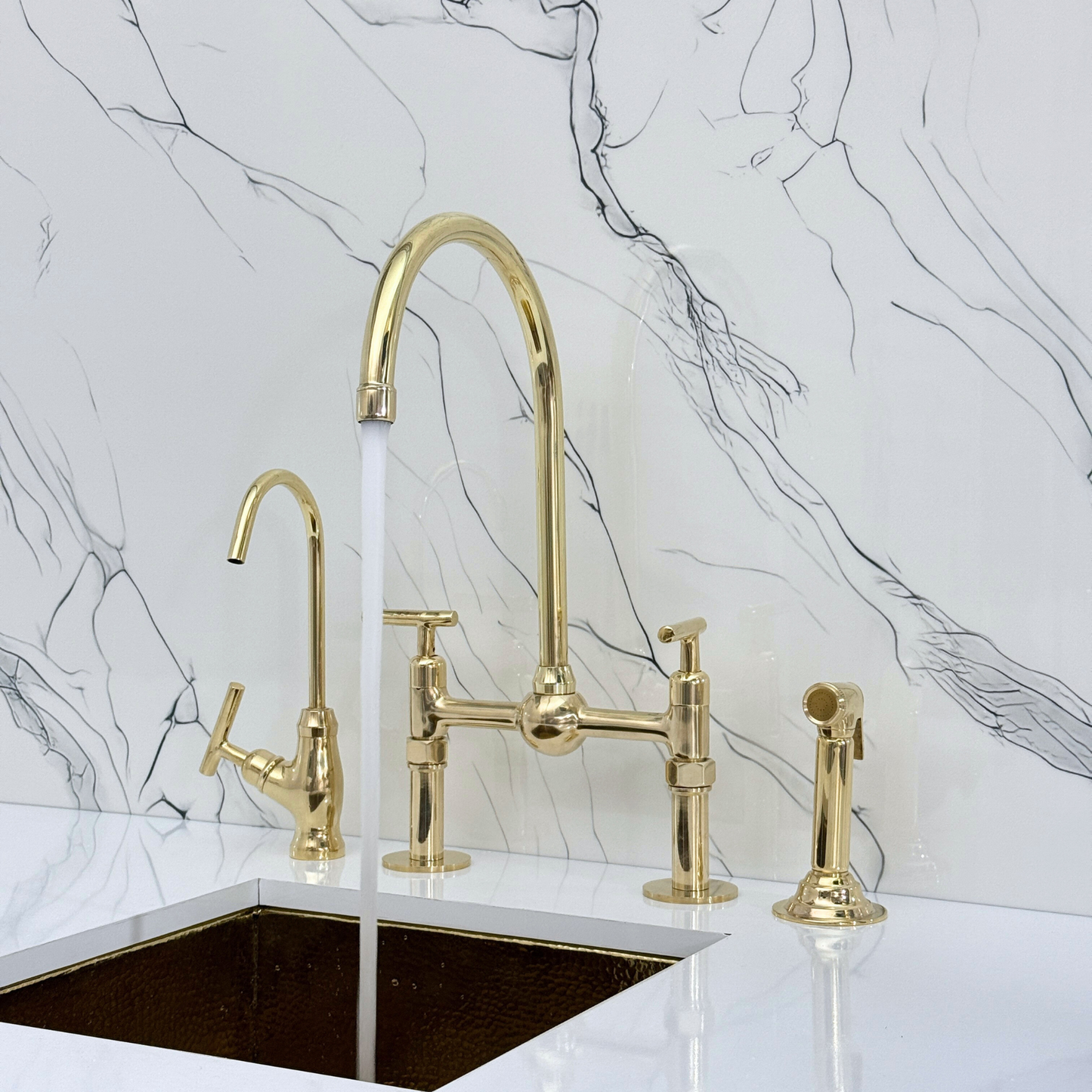 Unlacquered Brass Bridge Faucet with Sprayer, Cold Water Faucet, Straight Legs and Lever Handles