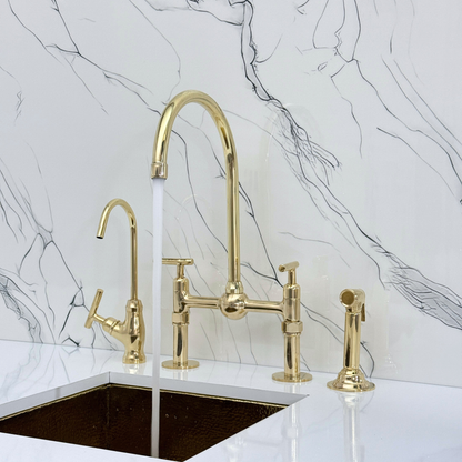 Unlacquered Brass Bridge Faucet with Sprayer, Cold Water Faucet, Straight Legs and Lever Handles