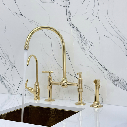 Unlacquered Brass Bridge Faucet with Sprayer, Cold Water Faucet, Straight Legs and Lever Handles