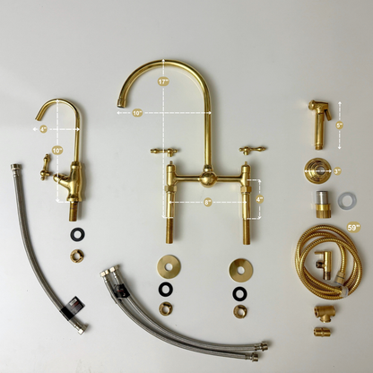 Unlacquered Brass Bridge Faucet with Sprayer, Cold Water Faucet, Straight Legs and Lever Handles