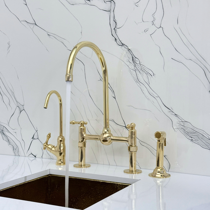 Unlacquered Brass Bridge Faucet with Sprayer, Cold Water Faucet, Straight Legs and Lever Handles