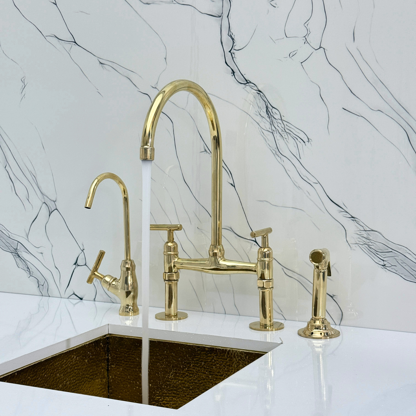 Unlacquered Brass Bridge Faucet with Sprayer, Drinking Water Tap and Lever Handles