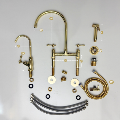 Unlacquered Brass Bridge Faucet with Sprayer, Drinking Water Tap and Lever Handles