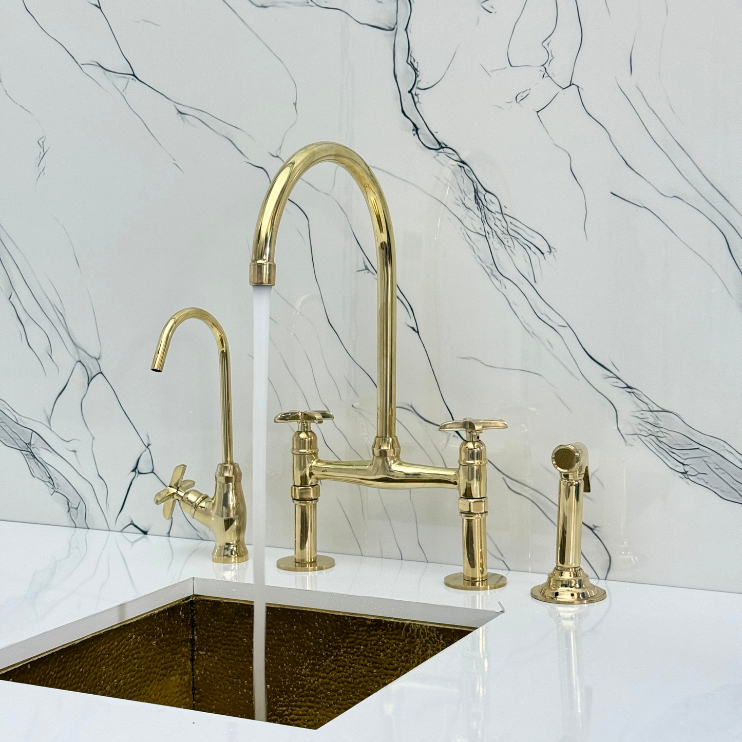 Unlacquered Brass Bridge Faucet with Sprayer, Drinking Water Tap and Cross Handles