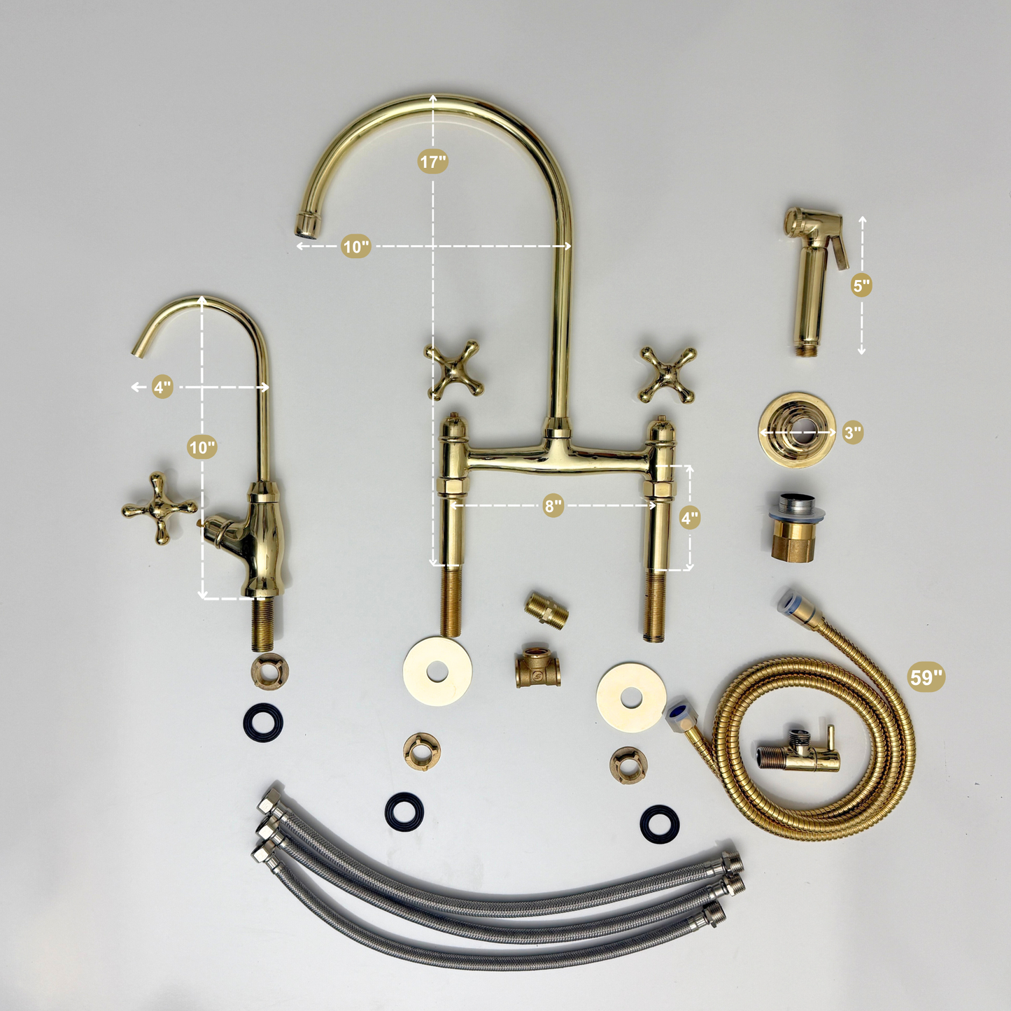 Unlacquered Brass Bridge Faucet with Sprayer, Drinking Water Tap and Cross Handles