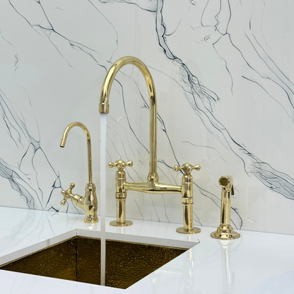 Unlacquered Brass Bridge Faucet with Sprayer, Drinking Water Tap and Cross Handles